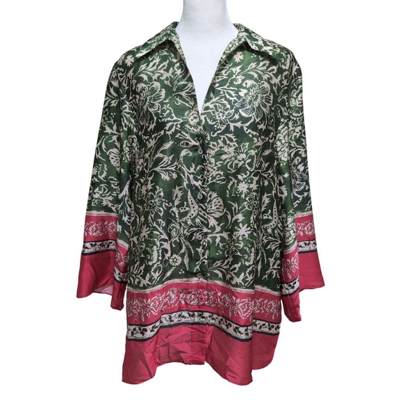 Zara Tops - Zara Green Magenta Pink Floral Satin Oversized Button Down Blouse Medium